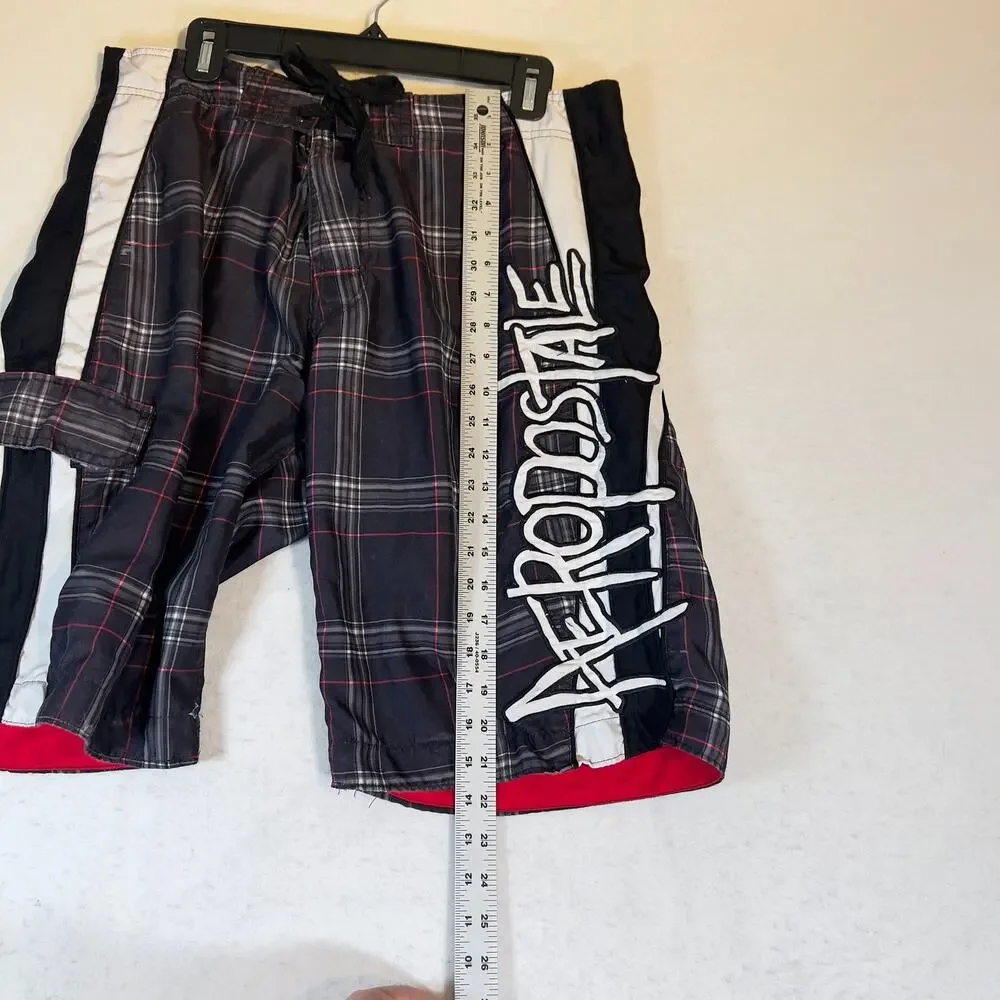 Aeropostale 1987 Board Short Swim Trunks Men 34W Black Red Grey Plaid Pocket